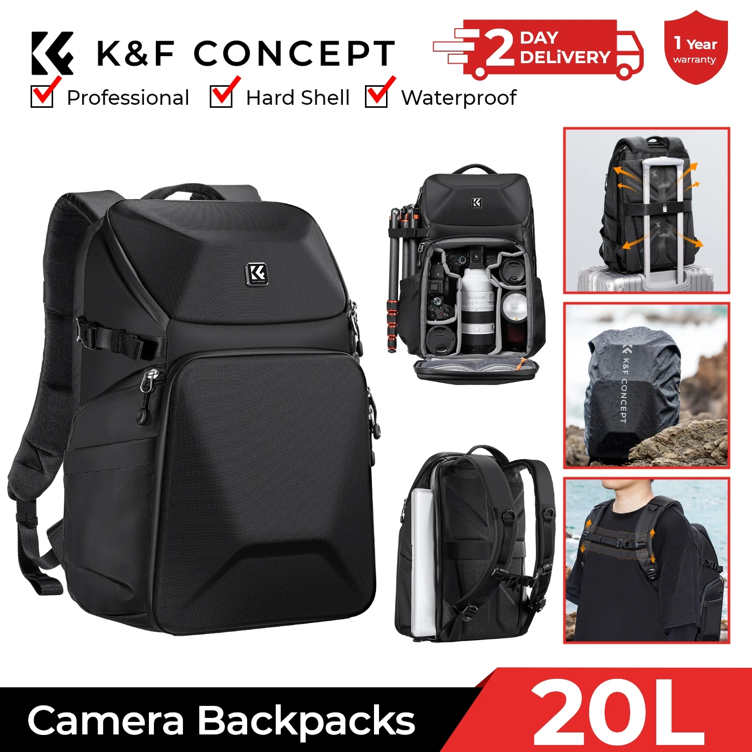 Laptop Bag Waterproof - K&F CONCEPT 20L Kamera Sırt Çantası