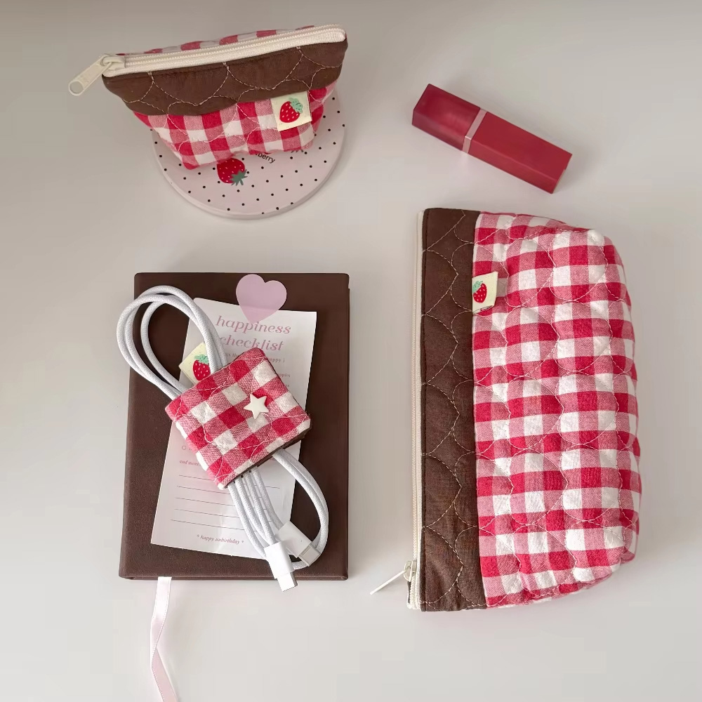 Cable Management Bag - Yıldız Dekorlu Sevimli Ekose Pamuklu Kulaklık